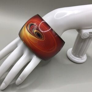 Vintage brass vibrant peacock feather art with lucite overlay -wide